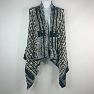 Anis A Open Front Sweater Vest Size M Gray White Striped Knit Velvet Trim